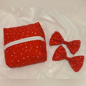 Handmade Red Heart Bow Set with Matching Makeup Bag.